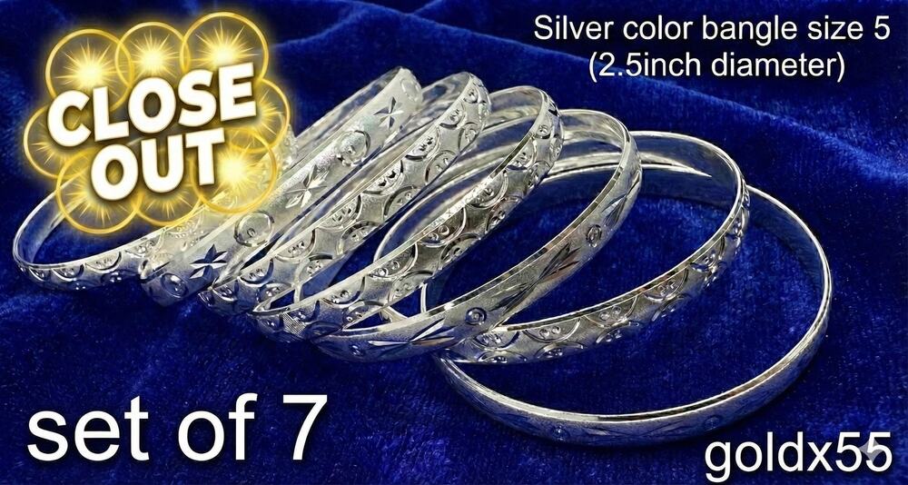 Silver Bangle Set of 7, Geometric Engraved Stacking Bracelets, Size 5